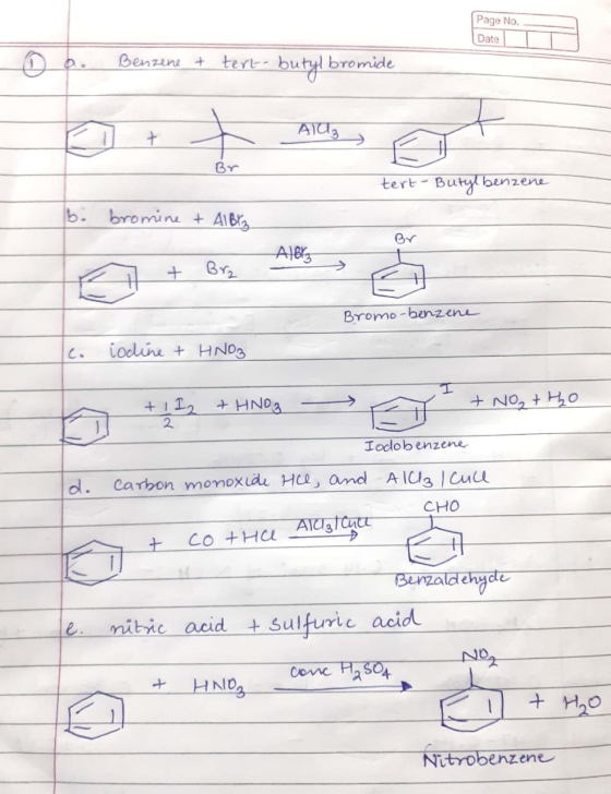 Page No. Date Benzene + terk- butyl bromide ATT tert-Butylbenzene b. bromine + AlBt. + Bro Tel Aler Bromo-benzene iodine + HN