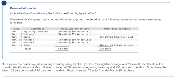 Required information [The following information applies to the questions displayed below.] Warnerwoods Company uses a perpetu