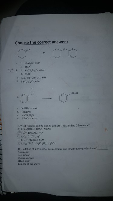 Choose the correct answer: 1 TJ 10 a. 1. PhMall, ether 2 thot b. 1. PCH MgBr.ether 2. H30 C. CHP-CHCHS. THE d. Li Hsu, ether