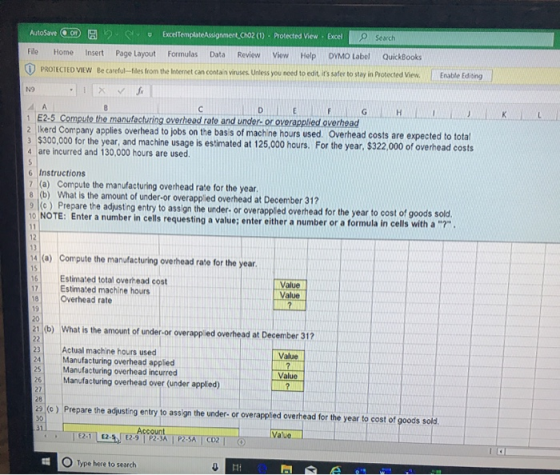 AutoSave O u Excel Template Assignment cho2 (1) . Protected View Excel Search File Home Insert Page Layout Formulas Data Revi