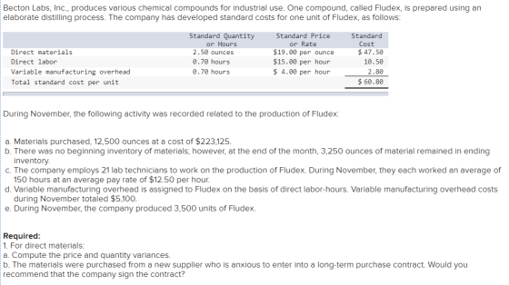 Becton Labs, Inc., produces various chemical compounds for industrial use. One compound, called Fludex, is prepared using an