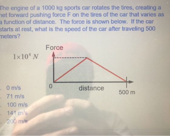 The engine of a 1000 kg sports car rotates the tires, creating a et forward pushing force F on the tires of the car that varies as a function of distance. The force is shown below. If the car starts at rest, what is the speed of the car after traveling 500 meters? Force 1x104 N t 0 distance 0 m/s 71 m/s 100 m/s 141 m/s 200 m/s 500 m