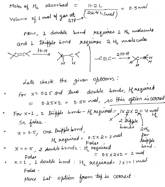11.2L 0.5mal 22.4 L/mol) STP Moles of H₂ absorbed at volume of a mot of gas Now, I double bond requires the molecule and I tr
