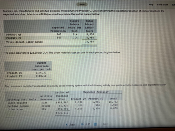 Help Save & Ext Sut Mahaley, Inc., manufactures and sells two products: Product 09 and Product Fo. Date concerning the expect