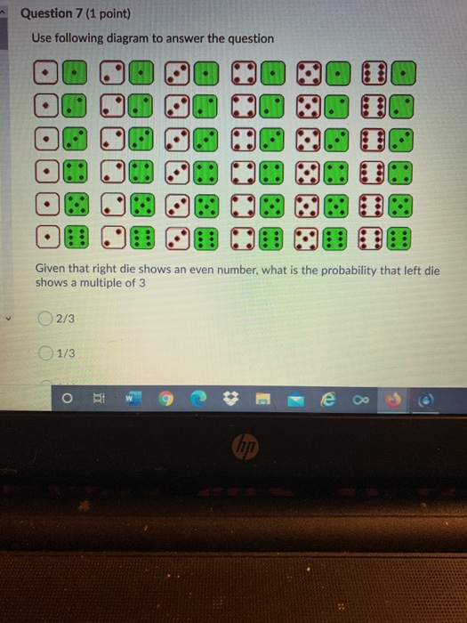 Question 7 (1 point) Use following diagram to answer the question 9 Given that right die shows an even number, what is the pr