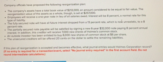Company officials have proposed the following reorganization plan: • The companys assets have a total book value of $212,000