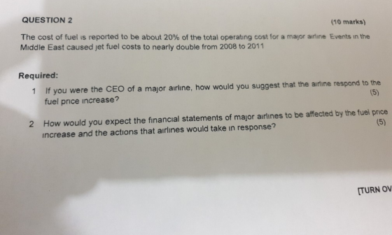 QUESTION 2 (10 marks) The cost of fuel is reported to be about 20% of the total operating cost for a major airline Events in