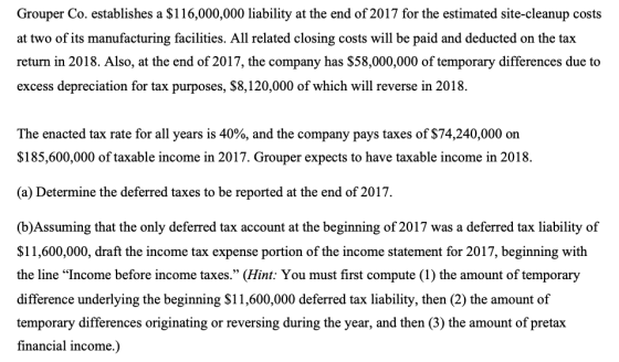 Grouper Co. establishes a $116,000,000 liability at the end of 2017 for the estimated site-cleanup costs at two of its manufa