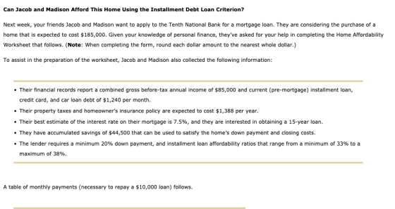 Can Jacob and Madison Afford This Home Using the Installment Debt Loan Criterion? Next week, your friends Jacob and Madison w