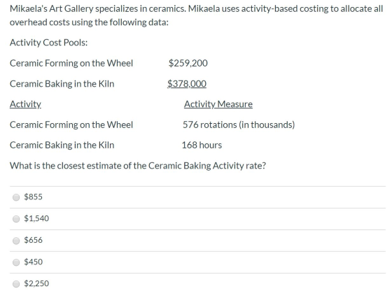 Mikaelas Art Gallery specializes in ceramics. Mikaela uses activity-based costing to allocate all overhead costs using the f
