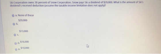 Ski Corporation owns 30 percent of Snow Corporation. Snow pays Ski a dividend of $20,000. What is the amount of Skis dividen