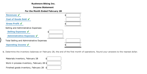 Rushmore Biking Inc. Income Statement For the Month Ended February 28 Revenues ✓ Cost of Goods Sold Gross Profit Selling and