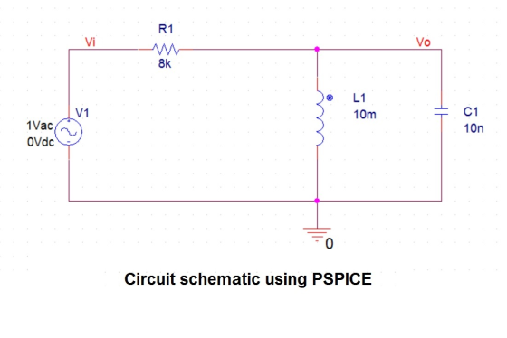 R1 Vi Vo 8k L1 10m V1 I 1 Vac OVdc C1 10n 0 Circuit schematic using PSPICE