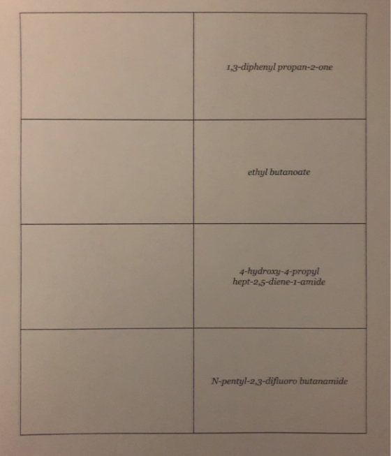 1,3-diphenylpropan-2-one ethyl butanoate 4-hydroxy-4-propyl hept-2,5-diene-1-amide N-pentyl-2,3-difluoro butanamide