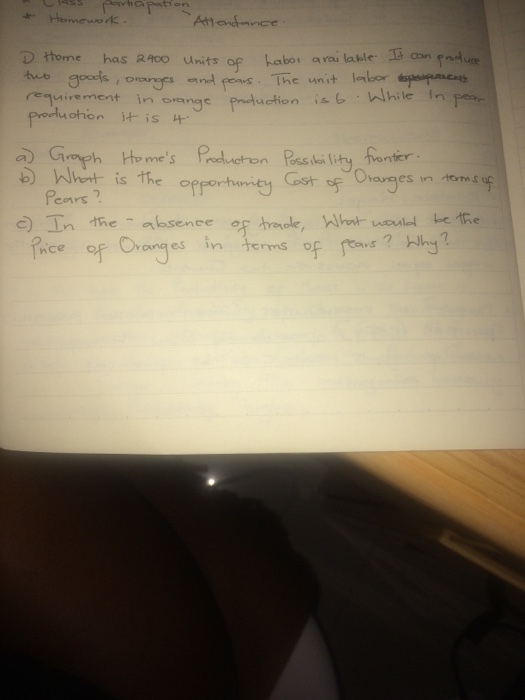 mework Att andance D ttome has a00 units oF Labot arai lable 1 an pndu tuo ts, orvos mal fews. The unit labor requirement in oanac ent in orange puction isb hien uohon it-is nter Pcrs ? e)工n -the-absence of hatele, Whit-would be佑ei Oranges in t