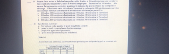 Suppose that a worker in Radioland can prodace ether 4 rades α l tervinen per year, and worker is Also 24. Teevee land can produce either 2 rade α 4 televisans per year Each nation has IOO workers ppose that each country complately spocializes in prodacing the good in which itcompiv alvansage If Radioland trales 100 rados to Teeveeland in ehange for 100 evih ye ach ountrys maximum cosumption of new radies and televisions per year will be a 100 radios 300 televisions in Radioland and 300 ndios, 100 television in Teeveeland b. 300 rados 100 selevisions in Radioland and 100 adios, 300 televisions in Teeveeland c. 200 radios,100 televisions in Radioland and 100 mdios, 200 televisions in Teeveeland d 300 rados, 100 televisions in Radiland and 100 dios, 400 televisions in Teeveeland 25. By definition, expeds e a limits placed en the quasmity of goods brought into a county b. goods in which a ceuntry las an absolute advanag c people who work in foreign couries d aoods grodad domestically and sold ahod Table Anime that Sard and T naka can switch between produing con and prod ang pork a.comu. ณ