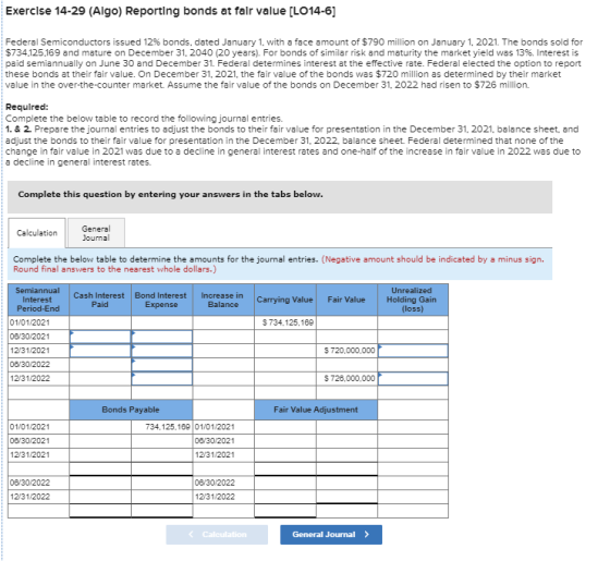 Exercise 14-29 (Algo) Reporting bonds at fair value [LO14-6] Federal Semiconductors issued 12% bonds, dated January 1, with a