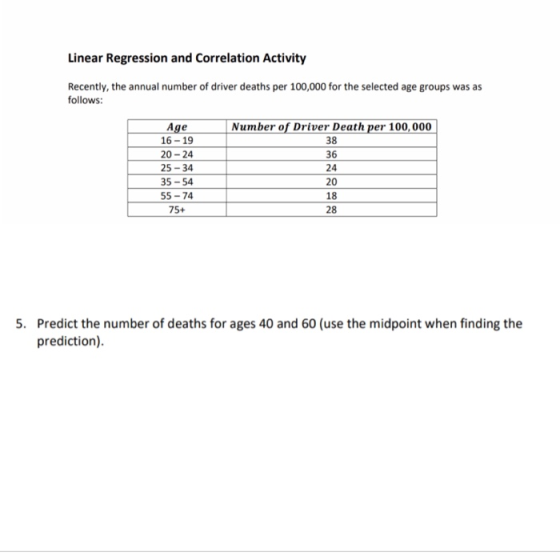 Linear Regression and Correlation Activity Recently, the annual number of driver deaths per 100,000 for the selected age grou