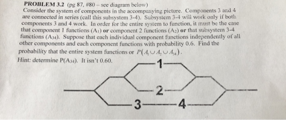 PROBLEM 3.2 (pg 87, #80-see diagrann below) Consider the system of components in the accompanying picture. Components 3 and4 are connected in series (call this subsystem 3-4). Subsystem 3-4 will work only if both components 3 and 4 work. In order for the entire system to function, it must be the case that component 1 functions (Ai) or component 2 functions (A2) or that subsystem 3-4 functions (A34). Suppose that each individual component functions independently of all other components and each component functions with probability 0.6. Find the probability that the entire system functions or P(A,UA,UAu) Hint: determine P(A34). It isnt 0.60. 1 2 3 4
