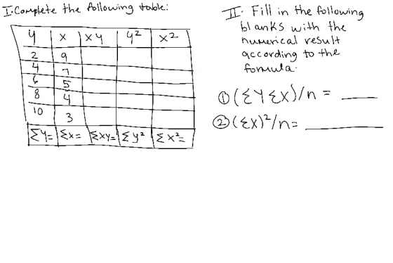 I. Complete the following table 1 y 1, lxy , 42 x2 29 ] II. Fill in the following blanks with the numerical result according