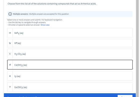 Choose from this list all of the solutions containing compounds that act as Arrhenius acids. Multiple answers: Multiple answe