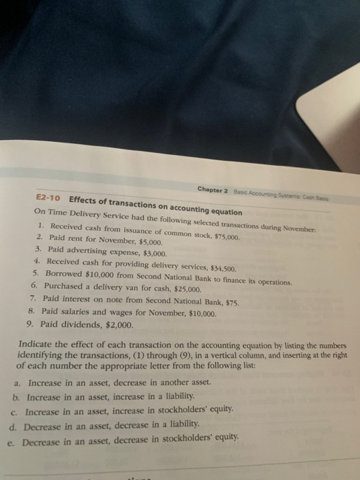 Chapter 2 Basic Accounting Systems Cash Basis E2-10 Effects of transactions on accounting equation On Time Delivery Service h