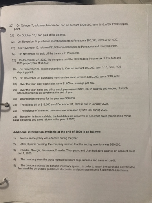 20) On October 7, sold merchandise to Utah on account $220,000, term 1/10, n/30, FOB shipping point 21) On October 16, Utah p