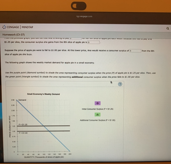 ng.cengage.com CENGAGE | MINDTAP Homework (Ch 07) UN PEU yo, y La L e y $1.25 per slice, the consumer surplus she gains from