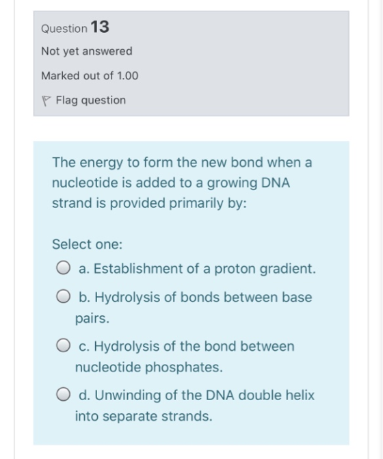 Question 13 Not yet answered Marked out of 1.00 P Flag question The energy to form the new bond when a nucleotide is added to