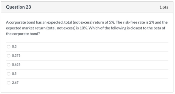 Question 23 1 pts A corporate bond has an expected, total (not excess) return of 5%. The risk-free rate is 2% and the expecte