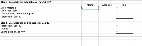 Step 4: Calculate the total job cost for Job 407 Milling Assembly Total ? ? Direct materials Direct labor cost Manufacturing