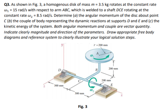 Q3. As shown in Fig. 3, a homogenous disk of mass m = 3.5 kg rotates at the constant rate W1 = 15 rad/s with respect to arm A