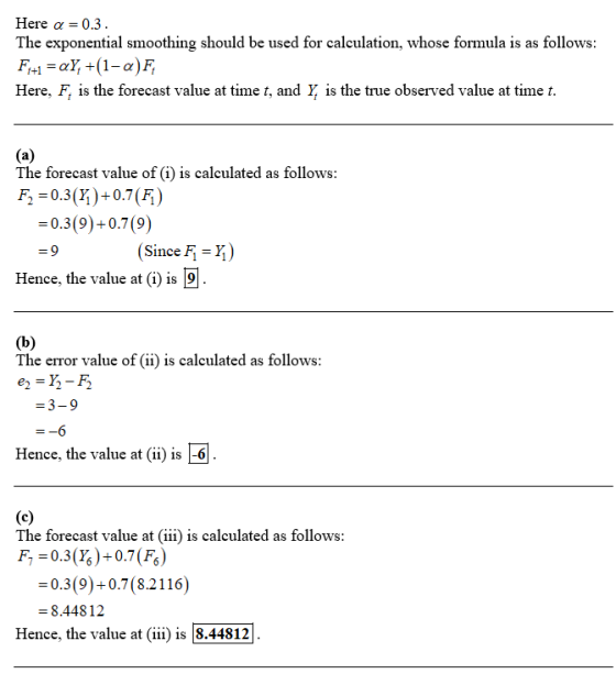 Here a = = 0.3. The exponential smoothing should be used for calculation, whose formula is as follows: F:+1 = ay, +(1-a) F He