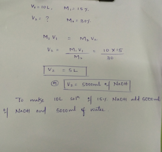 V. = 10L, V2 = ? M, = 15% M₂ = 301 30 N2 SL M, V = M₂ V2 V2 = M, V = 10x15 M₂ TV2 = SL a [V2 = 500omb of Naott| To make 10L S