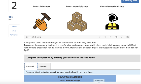 Check my work Direct labor rate Direct materials cost Variable overhead rate 0.66 points eBook Print References tableau 1. Pr