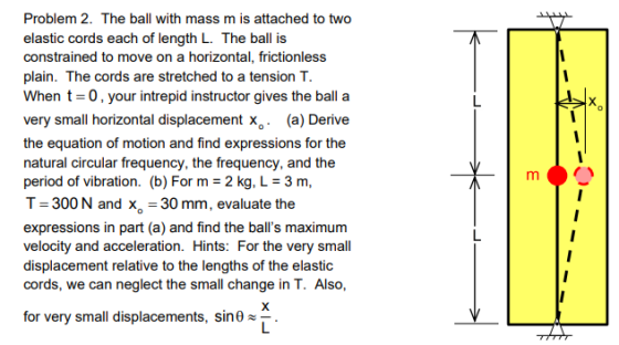 Problem 2. The ball with mass m is attached to two elastic cords each of length L. The ball is constrained to move on a horizontal, frictionless plain. The cords are stretched to a tension T When t 0, your intrepid instructor gives the ball a very small horizontal displacement x (a) Derive the equation of motion and find expressions for the natural circular frequency, the frequency, and the period of vibration. (b) For m - 2 kg, L 3 m T 300 N and x 30 mm, evaluate the expressions in part (a) and find the balls maximum velocity and acceleration. Hints: For the very small displacement relative to the lengths of the elastic cords, we can neglect the small change in T. Also for very small displacements, sin ? ~-