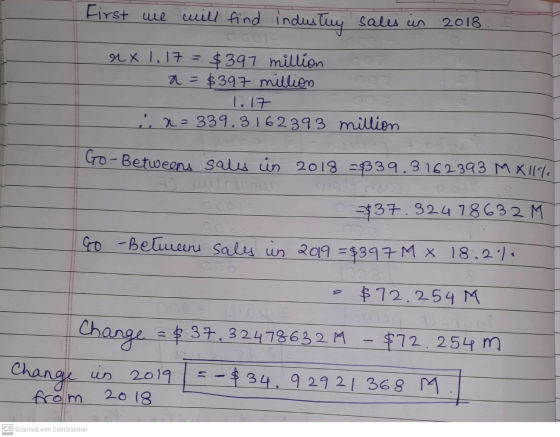 First we will find industry sales in 2018 el x 1.17 = $397 million a = $397 million 1.17 i. 2 = 339.3162393 million Go-Betwee