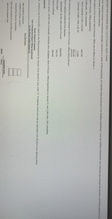 quivalent Units and Related Costs; Cost of Production Report; Enbries over Chemical Company manfactures spedialty chemicals b