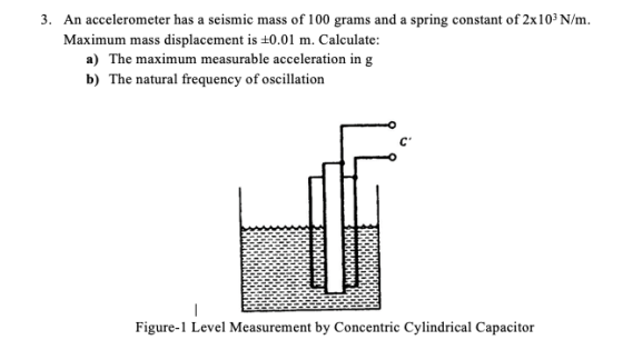 An accelerometer has a seismic mass of 100 grams and a spring constant of 2x103 N/m Maximum mass displacement is +0.01 m. Calculate: 3. a) The maximum measurable acceleration in g b) The natural frequency of oscillation Figure-1 Level Measurement by Concentric Cylindrical Capacitor