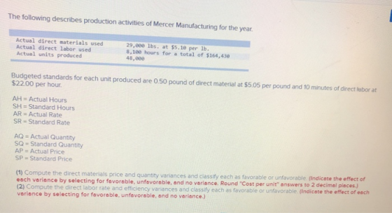 The following describes production activities of Mercer Manufacturing for the year. Actual direct materials used Actual direc