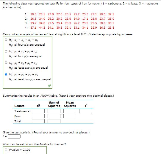 The following data was reported on total Fe for four types of iron formation (1 = carbonate, 2 = silicate, 3 = magnetite, 4 =