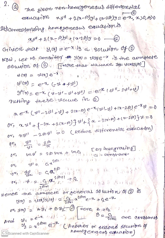 2. @ 1 The giveesi non-homogeneous differential ecuation nyl +200-B]yl + (0-2B3y z e-x x>0, o) Pts corresponding homogeneous