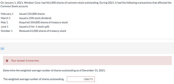 On January 1, 2021, Windsor Corp. had 461,000 shares of common stock outstanding. During 2021, it had the following transacti