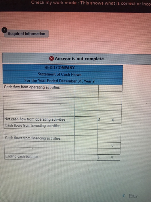 Check my work mode : This shows what is correct or inco Required information Answer is not complete. REDD COMPANY Statement o
