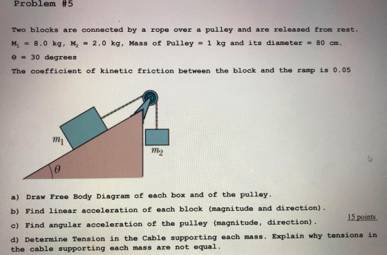 Problem #5 Two blocks are connected by a rope over a pulley and are released from rest. M = 8.0 kg, M, = 2.0 kg, Mass of Pull