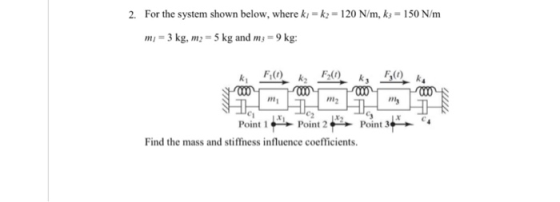 2. For the system shown below, where ki k2-120 N/m, k 150 N/m mi-3kg, m2-5kg and m3-9kg: F(O) k ny nt1 12 Point 3 Point 1Poin