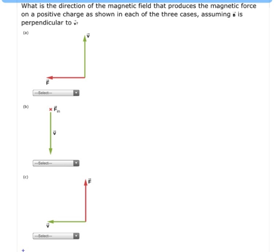What is the direction of the magnetic field that produces the magnetic force on a positive charge as shown in each of the thr