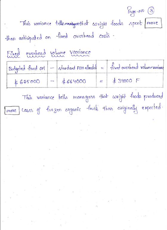Page No ③ - This variance tells managers that wright foods spent more than anticipated on fixed overhead costs Fixed overhead