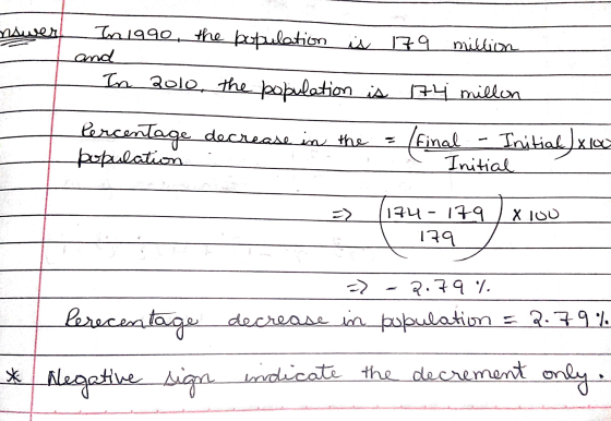 nswer In 1990, the population is 179 million and In 2010, the population is 174 millon Percentage population decrease in the