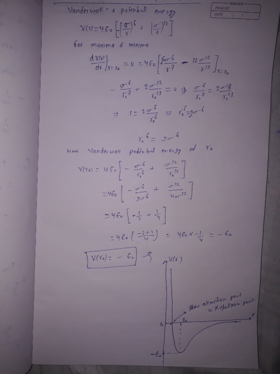 -ARUNS PAGE NO. DATE : Vander walls a potential energy V=YELLOW 19)] for maxima & minima 6 driol da /r=ro = 0 = 4 folt 2017